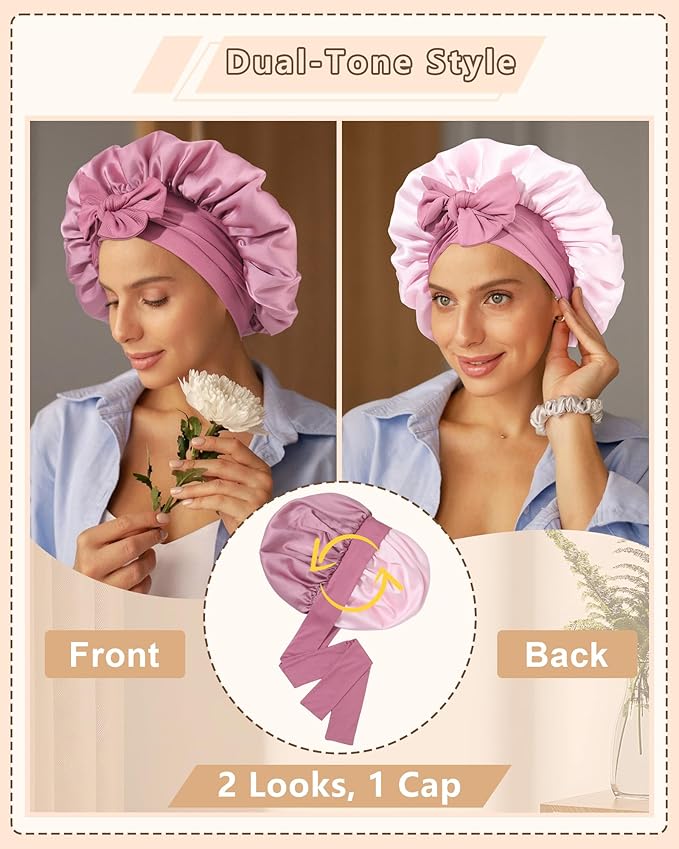 AWAYTR Women Satin Bonnet for Sleeping - Double Layer Silk Hair Bonnet with Elastic Tie Band for Braids Curly Hair