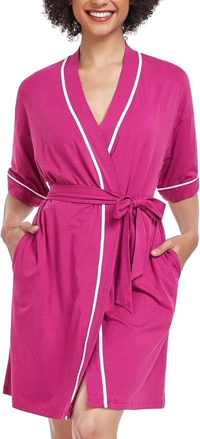 COLORFULLEAF Womens Bamboo Short Robes Lightweight Kimono Cotton Robe Soft Knit Bathrobe Ladies Loungewear with Pockets