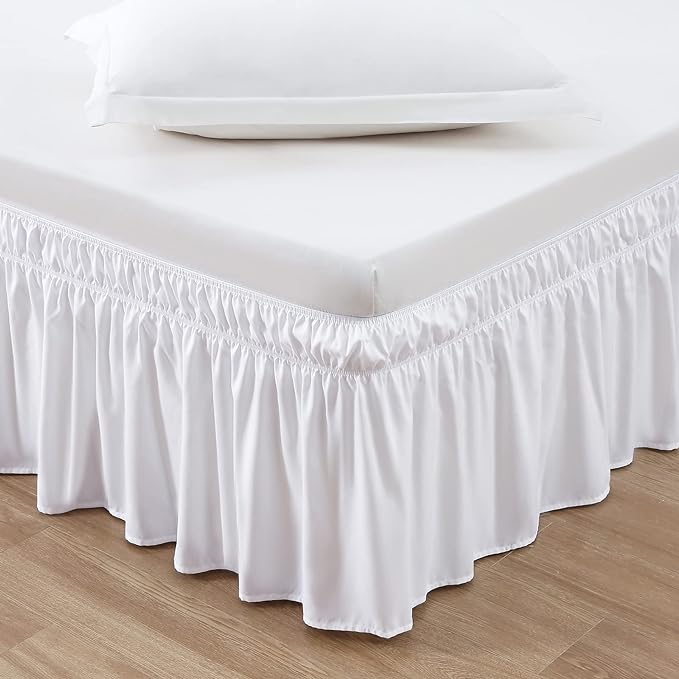 MEILA Wrap Around Bed Skirt Three Fabric Sides Elastic Dust Ruffled 24 Inch Tailored Drop,Easy to Install Fade Resistant-White, Twin/Full