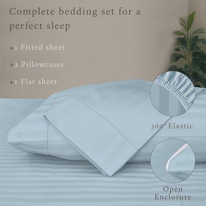 Threadmill 500 Thread Count King Size Damask Stripe, 4 Pc Luxury Cotton Bed Sheet Set, Breathable Light Blue Sheets with 16" Elasticized Deep Pocket, 2 Pillowcases & Free Tote Bag