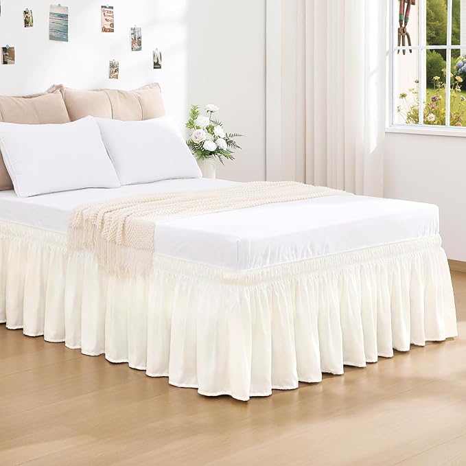 RIMELA Cream White Bed Skirt King Size 15 Inch Drop, Wrap Around Elastic Bedskirt, Dust Ruffle for Adjustable Bed Base Machine Washable Easy to Install Bed Skirts