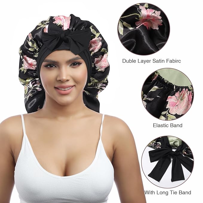 AWAYTR Long Satin Bonnet for Women - Double Layer Elastic Silk Bonnet for Braids Hair Sleeping Cap with Tie Band (Black Flower+Green)
