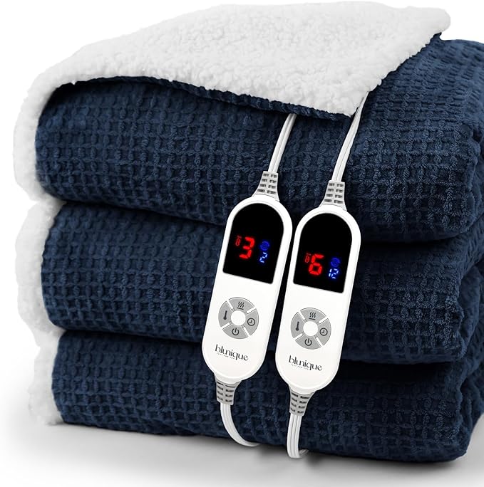Heated Blanket Electric Blanket King Waffle,90x100 Inches Sherpa Fleece Fast Heating Blanket 6 Heating Levels & 10 Hours Auto Off ETL Certification, Navy King