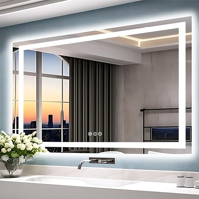 55"x40" Bathroom Mirror with LED Lights, Front and Backlit Mirror, Anti-Fog LED Vanity Mirror, 3 Colors and Dimmable Mirror, Waterproof, Corrosion Proof (Horizontal/Vertical)