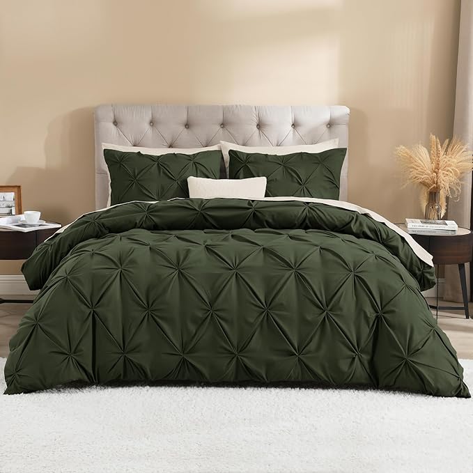 Litanika Olive Green Pinch Pleat Duvet Cover Queen, 3 Pieces Pintuck Soft Microfiber Bedding Set with Zipper Closure & Corner Ties(90x90Inch-1 Duvet Cover, 2 Pillowcases)