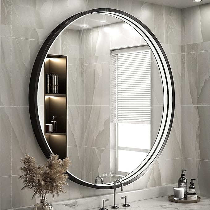 28" Round LED Bathroom Mirror, Dimmable Anti-Fog Vanity Mirror with Touch Control, 6000K Natural Light, Black Metal Frame, Wall Mounted for Makeup Shaving (IP54, 90+ CRI)