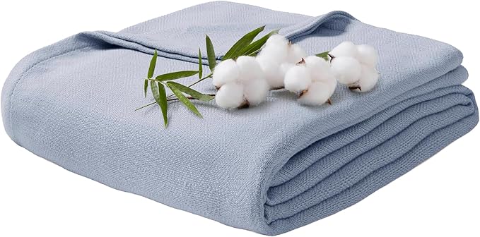 Queen Size Blanket, 70% Rayon (Derived from Bamboo) and 30% Cotton, Lightweight Jacquard Weave, Breathable and Soft Summer Blanket for Bed or Couch, 90” x 90”, Light Blue