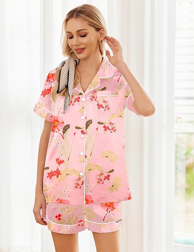 Ekouaer Pajamas for Women Set Silk Satin Pjs Shorts Sleepwear 2 Piece Loungewear S-XXL