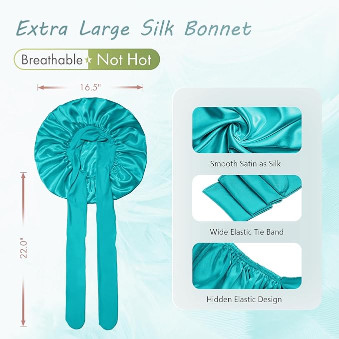 BONNET QUEEN Silk Bonnet for Sleeping Women Big Satin Bonnet Night Sleep Cap Wrap for Curly Hair with Adjustable Tie Band, Single Layer, Large, Aqua Blue