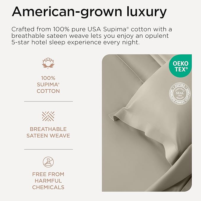 Threadmill Supima Cotton Queen Sheet Set, 1000 Thread Count Queen Sheets for Queen Mattresses, 4 Piece American Luxury Bed Sheets, Sateen Hotel Quality Sheets with Elasticized Deep Pocket, Taupe