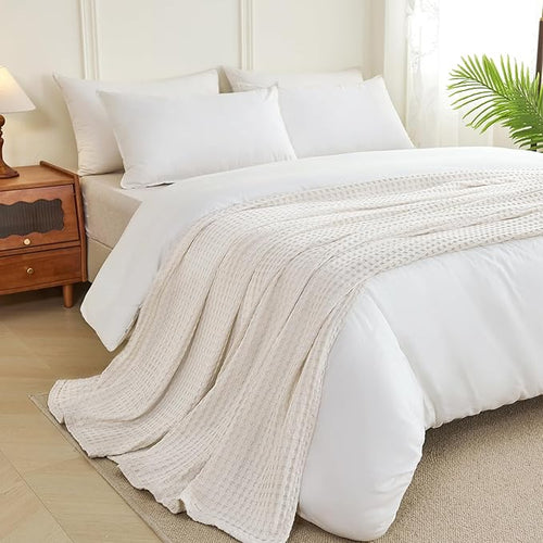Aganear Waffle Blanket - Lightweight Breathable Summer Blanket of 50% Cotton and 50% Rayon Derived from Bamboo for Hot Sleepers Luxury Throws for Bed, Couch and Sofa,Beige,50x70 Inches