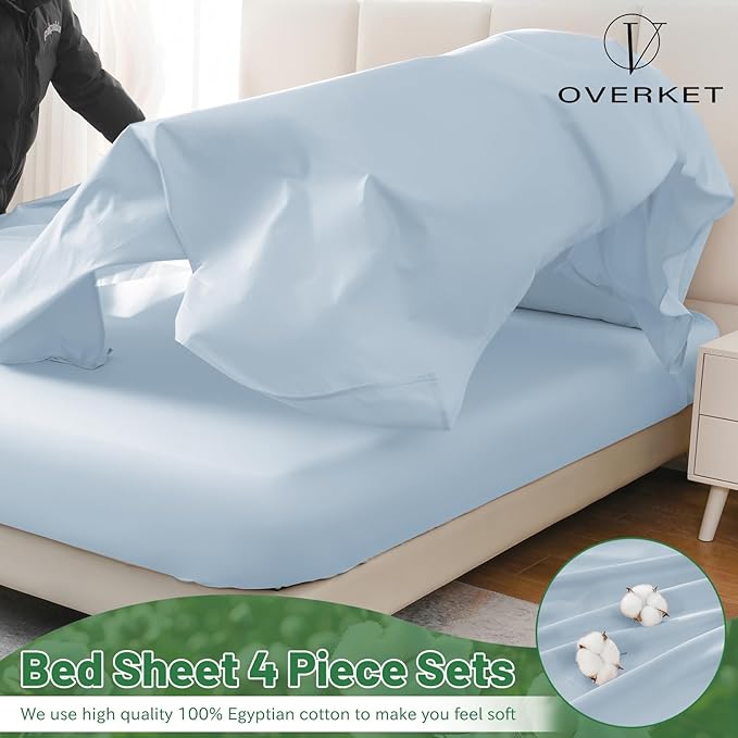1000 Thread Count Egyptian Cotton Sheets Queen Size Set Sateen Weave Soft Breathable 16-Inch Deep Pocket 4PCS（Queen,Light Blue）