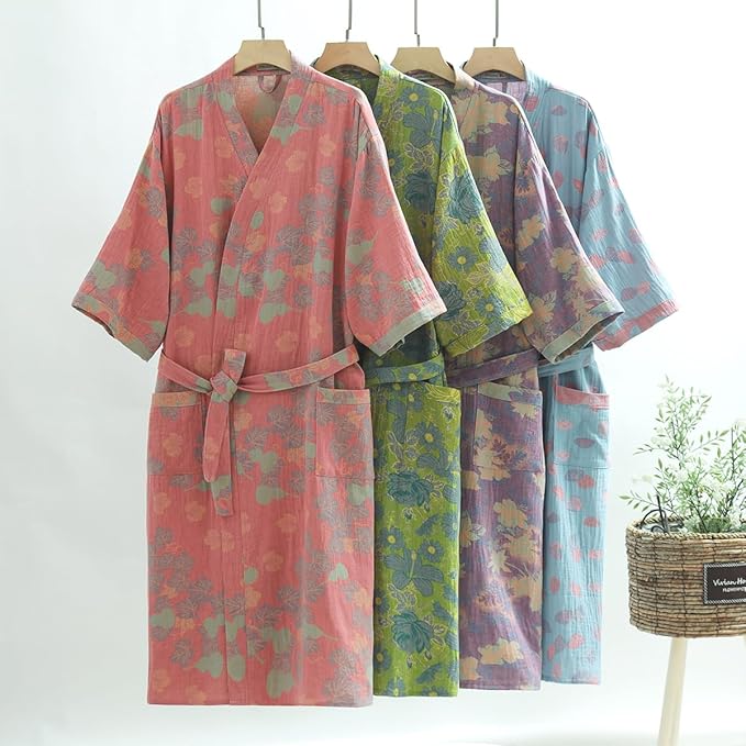 Women Cotton Double Gauze Jacquard Kimono Robe Bathrobe with Belt Pocket Comfortable Loungewear Yukata Sleepwear