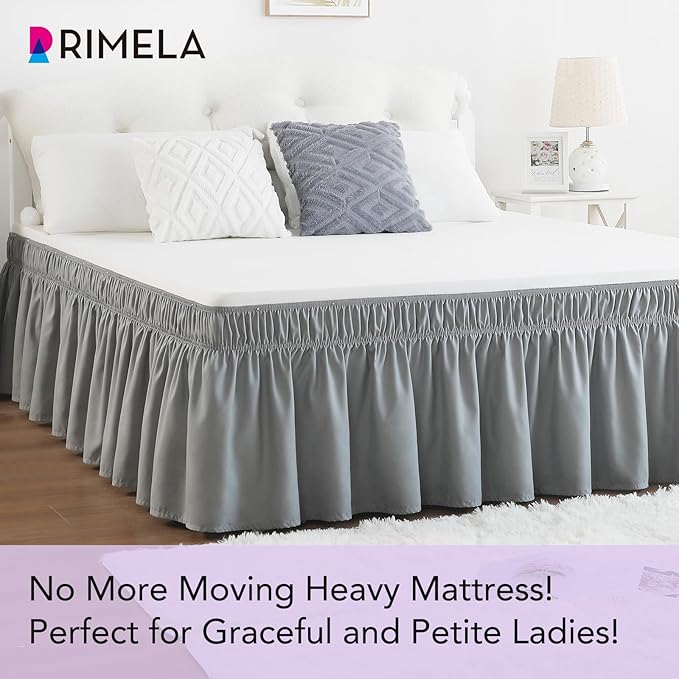 RIMELA Light Grey Bed Skirt King Size 12 Inch Drop, Elastic Bed Skirting for Bed Base and Frame, Bedding Dust Ruffle Easy to Install, Lightweight Wrap Around Adjustable Bedskirt