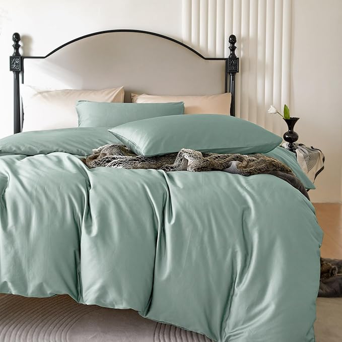 PURE ERA Duvet Cover Set 800 Thread Count Long Staple Cotton Sateen Silky Soft Luxurious Smooth 3 Piece Set Sage Green Cal King