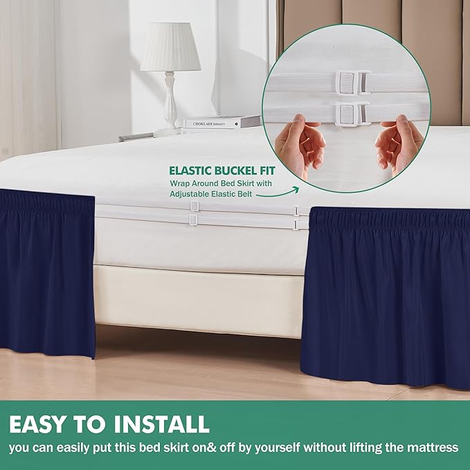 Biscaynebay Wrap Around Bed Skirts with Split Corners for Full Beds 17" Drop, Navy Elastic Dust Ruffles Easy Fit Wrinkle & Fade Resistant Silky Luxurious Fabric Solid Machine Washable