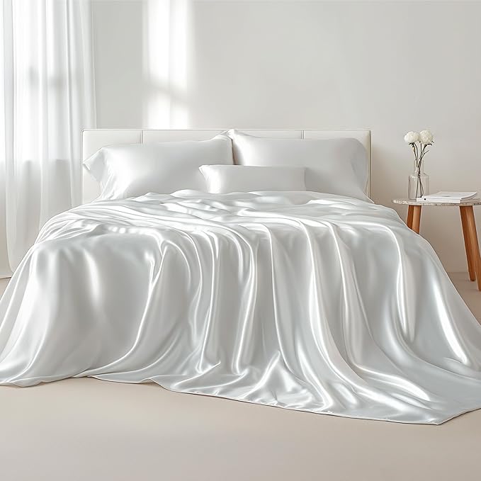 Bedsure White Satin Sheets Queen Size - 4 Piece Silky Bedsheets with 15 Inches Deep Pocket Fitted Bedsheet,1 Flat Sheet, 2 Satin Pillowcases, Good for Hair & Skin (Queen, White)