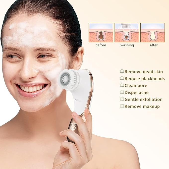 Electric Face Brush Scrubber Rechargeable Facial Exfoliator IPX-7 Waterproof Spin Cleanser Rotating Spa Machine for Exfoliating, Massaging and Deep Cleansing with 4 Brush Heads