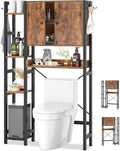 Over The Toilet Storage Cabinet with Doors - 7 Tier Bathroom Organizer with Adjustable Shelf, Freestanding Space Saver Rack Above Toilet Stand with 4 Hooks for Bathroom, Restroom, Laundry, Rustic