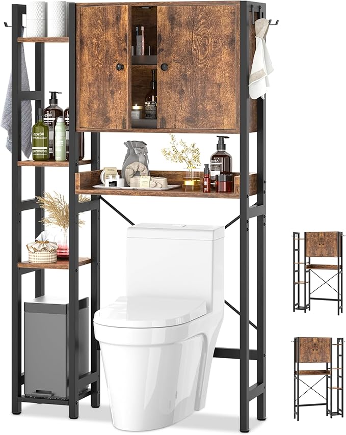 Over The Toilet Storage Cabinet with Doors - 7 Tier Bathroom Organizer with Adjustable Shelf, Freestanding Space Saver Rack Above Toilet Stand with 4 Hooks for Bathroom, Restroom, Laundry, Rustic