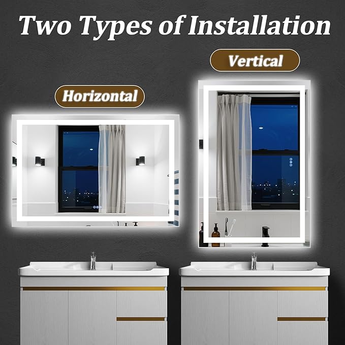 LED Bathroom Mirror with Lights, 55"x 30" Wall Mirrors with Anti-Fog, Dimmable, Backlit + Front Lit, 3 Color Modes, Memory Function Smart Mirror