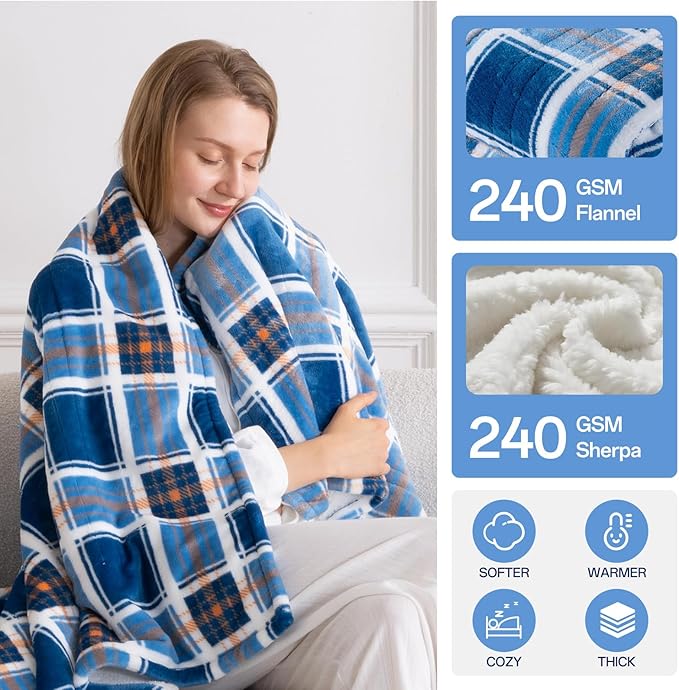 Electric Heated Blanket Twin - 62"x84" Heating Bed Blankets Throw with 10 Hours Auto Off 8 Fast Heating Levels Over-Heated Protection Soft Warm Flannel Sherpa Machine Washable ETL Certified Blue Plaid