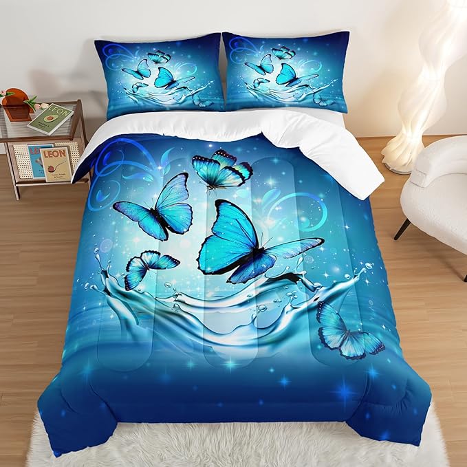 Fantasy Blue Butterfly Comforter Set King Size,Butterflies on Water Flash Bedding Sets 3 Pieces,Blue Series Aesthetic Bedding for Kids Girls Boys Room Decor with 2 Pillowcases.