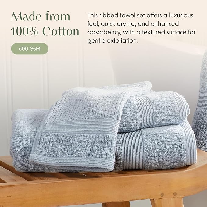 Springtree Home Blue Bath Towels Set of 6 | Ribbed Textured | 100% Combed Cotton | Absorbent Quick-Dry Towels for Bathroom | Oeko-TEX® Standard 100 Cotton | Mauro Collection - Blue Fog