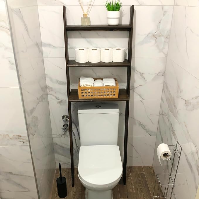 Over The Toilet Birch Wood Bathroom Organizer Shelves, 3-Tier Freestanding Above Toilet Storage Ladder Shelf, Standing Space Saver Behind Toilet Small Bathroom Organizer (Walnut)