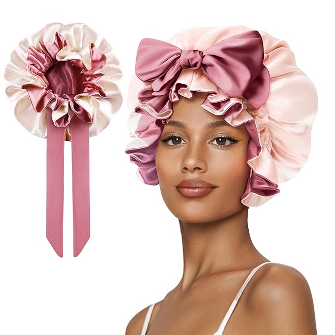 Bonnet for Sleeping, Satin Silk Hair Shower Cap Women 2025 Tie Band Adjustable Straps Head Wrap for Curly Hair Pink F