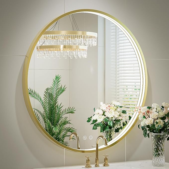36" Round LED Bathroom Mirror, Dimmable Anti-Fog Vanity Mirror with Touch Control, 6000K Natural Light, Gold Metal Frame, Wall Mounted for Makeup Shaving (IP54, 90+ CRI)