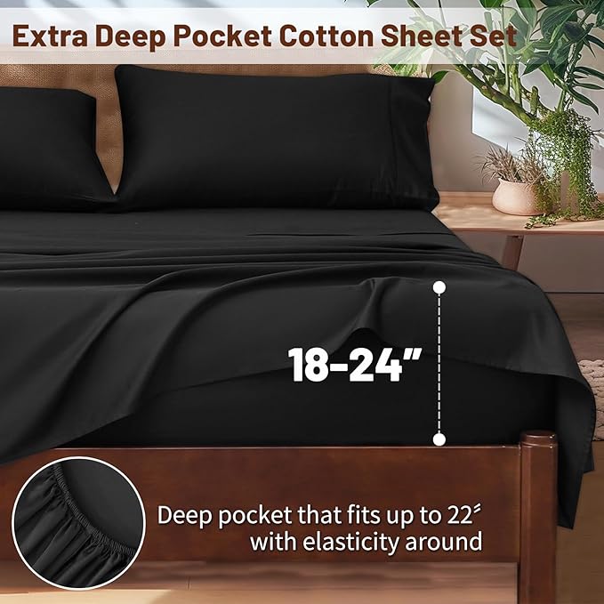 Extra Deep Pocket King Sheets 18-24 Inch 1000 Thread Count 100% Egyptian Cotton Sateen Weave Soft Breathable 4 Pieces（King，Black）