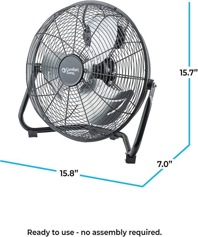 Comfort Zone 12 inch Cradle Fan, 3 Speed Floor or Table Fan with180 Degree Tilt, Metal Construction and Aluminum Blades, Carry Handle, Rubber Feet, Ideal for Bedroom, Workshop, or Garage, Black