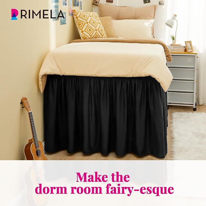 RIMELA Dorm Bed Skirt Twin XL 36 Inch Drop, Easy to Install Extra Long Wrap Around Elastic Dust Ruffle, Black Bedskirt Solid Silky Fabric Machine Washable (Twin XL 80“L x 39”W & Twin 75“L x 39”W)