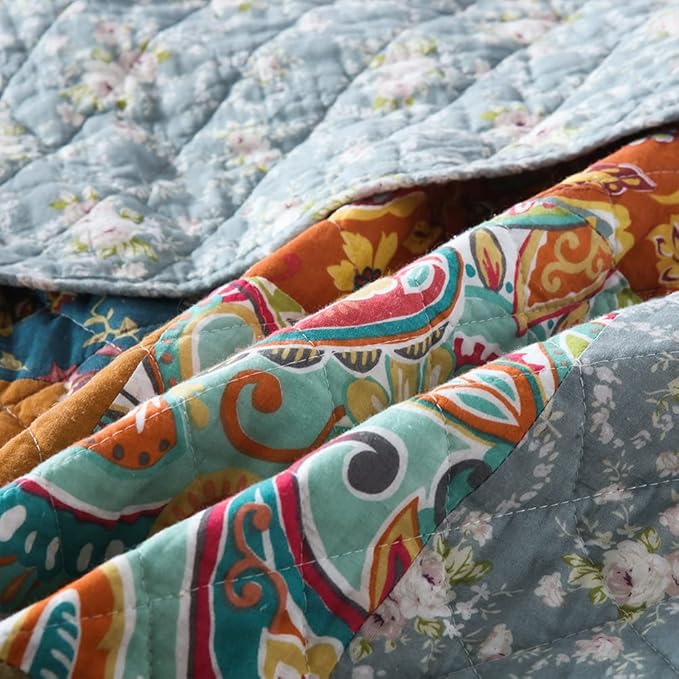 Cotton Bedspread Quilt Bedding Sets 3 Pieces Reversible Coverlet Sets Comforters Luxury Paisley Floral Patchwork Brown Bedspread, Queen Size