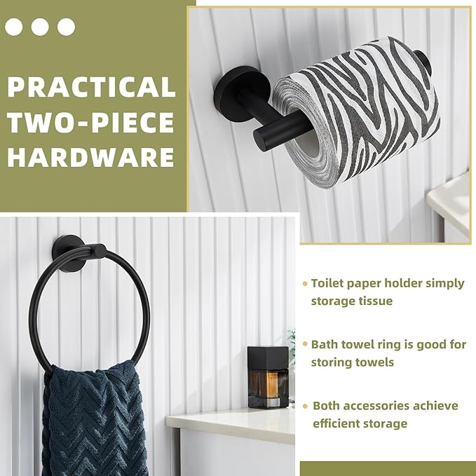 APLusee Matte Black 2 Pieces Bath Accessories Set, Hand Towel Ring and Toilet Paper Holder, Stainless Steel Bathroom Hardware, Wall Mounted