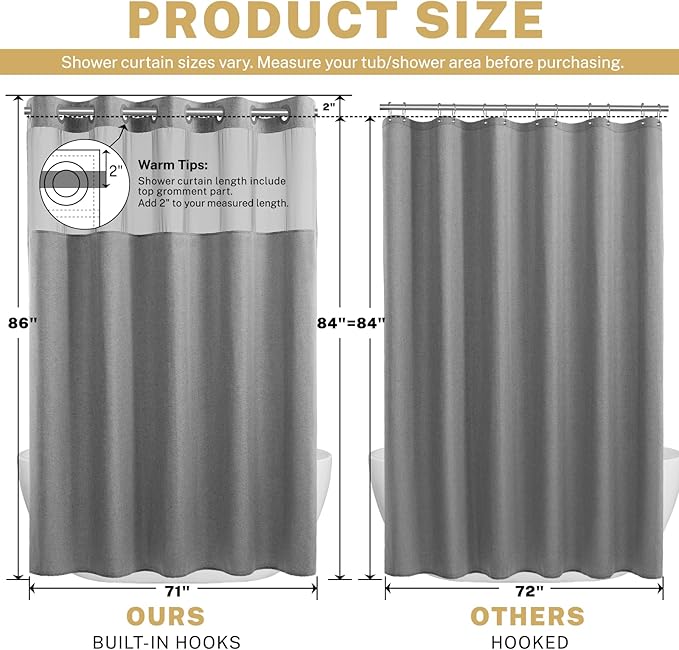 Extra Long No Hook Shower Curtain with Snap in Liner, Polyester Textured Shower Curtain with Liner Set, Waterproof Washable Hotel Style Shower Curtains for Bathroom, 71Wx86H, Grey