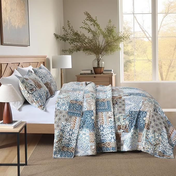 ENASAL Cotton Bedspread Quilt Bedding Sets Reversible Coverlet Comforters Blue Bohemian Rustic Floral Patchwork Pattern Bedspread for All Season,King Size
