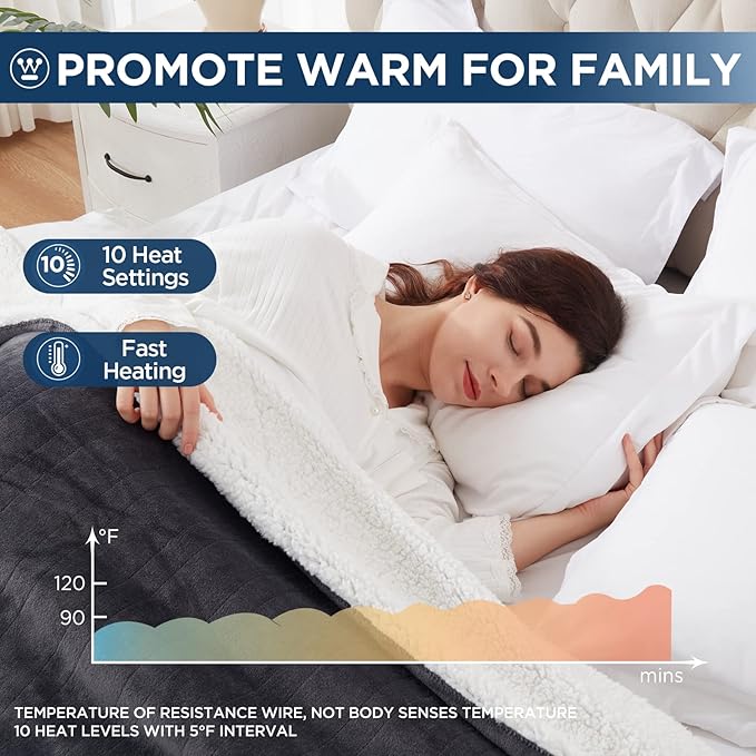 Westinghouse Electric Blanket Twin, Heated Blanket Twin Size with 10 Heating Levels and 1 to 12 Hours Heating Time Settings, Flannel to Sherpa Reversible, Machine Washable (62" x 84", Charcoal)