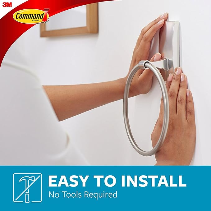 Command Hand Towel Holder Satin Nickel with Water Resistant Command Strips, Rust Resistant Bathroom Organizer, Holds up to 5 lbs, Large