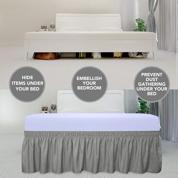PureFit Wrap Around Ruffled Bed Skirt with Adjustable Elastic Belt - 14 Inch Drop Easy to Put On, Wrinkle Free Bedskirt Dust Ruffles, Bed Frame Cover for Twin, Twin XL and Full Size Beds, Gray
