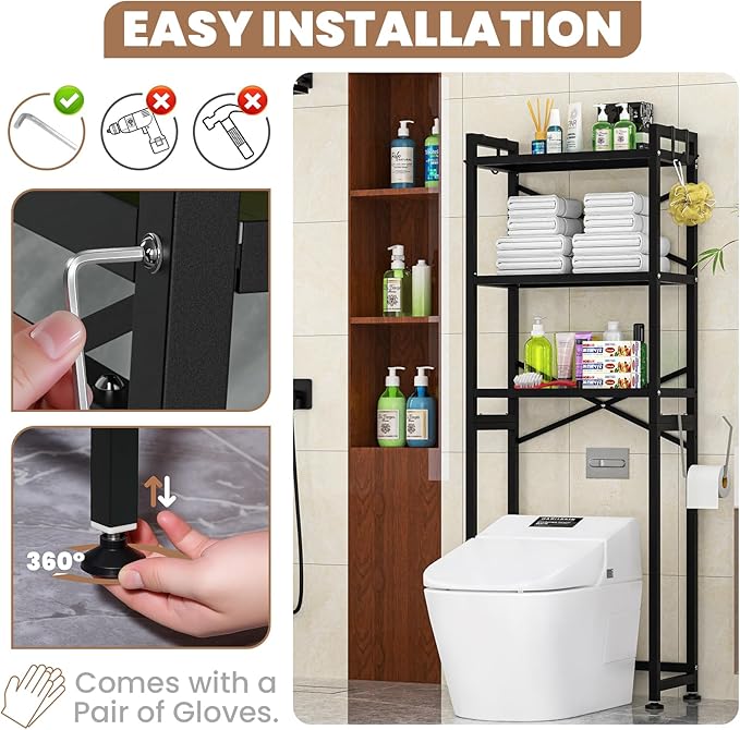 ZZL Over The Toilet Storage,3-Tier,Bathroom Toilet Organizer,Multifunctional Space Saver Freestanding Bathroom Shelves with 4 Hooks,Black