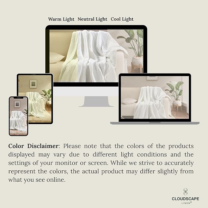Cloud Scape Linen Extra Large 8 Layer Muslin Throw Blanket - 100% Cotton Gauze, Soft and Breathable, Winter Blanket for Couch, Sofa and Bed, Idea, 50x70, White
