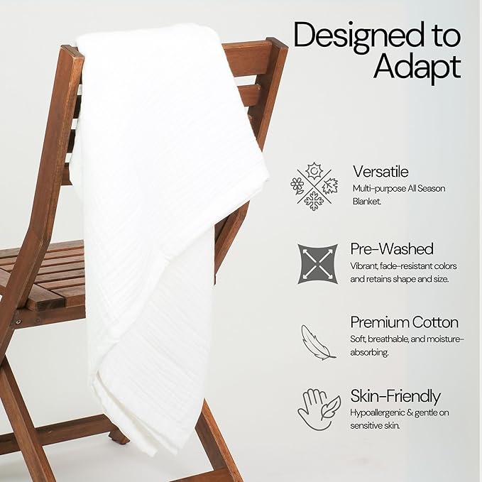 Salt Earth 100% Cotton Muslin Throw Blanket Gauze Blanket 55"X75" Twin, 4 Layered for Couch, Bed, Living Room,Lightweight & All Season Blankets & Throws, Easy to wash, Nature & Skin Friendly(White)