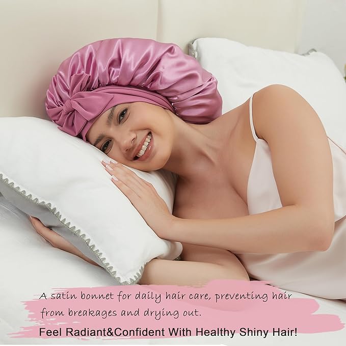Satin Bonnet with Tie Band,Silk Hair Bonnet for Sleeping Women,Bonnets for Women,Double Layer Sleep Cap for Braids Curly Hair