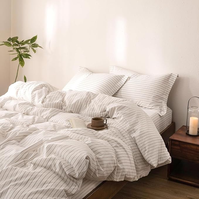 Stripe Duvet Cover Oversized King Size 120inch x 98inch,100% Washed Cotton Linen Feel Duvet Cover with Zipper Closure and 2 Pillowcases, Color of Off White-Linen Grey Stripe
