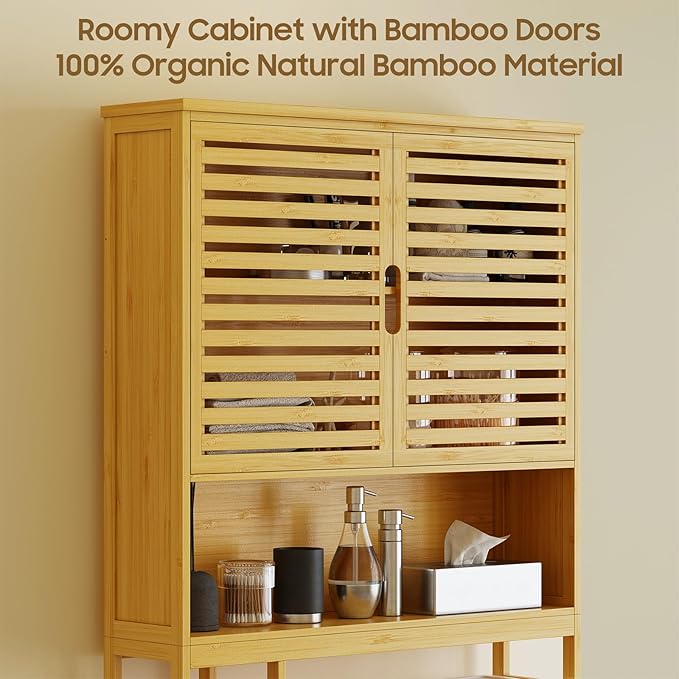 Over The Toilet Storage Cabinet, Bamboo Storage Cabinet Over Toilet with Double Doors & Open Shelves, Freestanding Toilet Shelf Space Saver with Anti-Tip Design, Natural