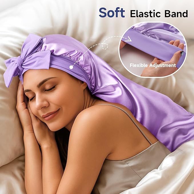 Umisleep 22 Momme Mulberry Silk Bonnet for Sleeping Women, Untangled Hair Care Bonnet, Extra Long for Curls & Braids - Lays Flat for Styling, Double Layer Hair Wrap with Soft Adjustable Tie, Lavender