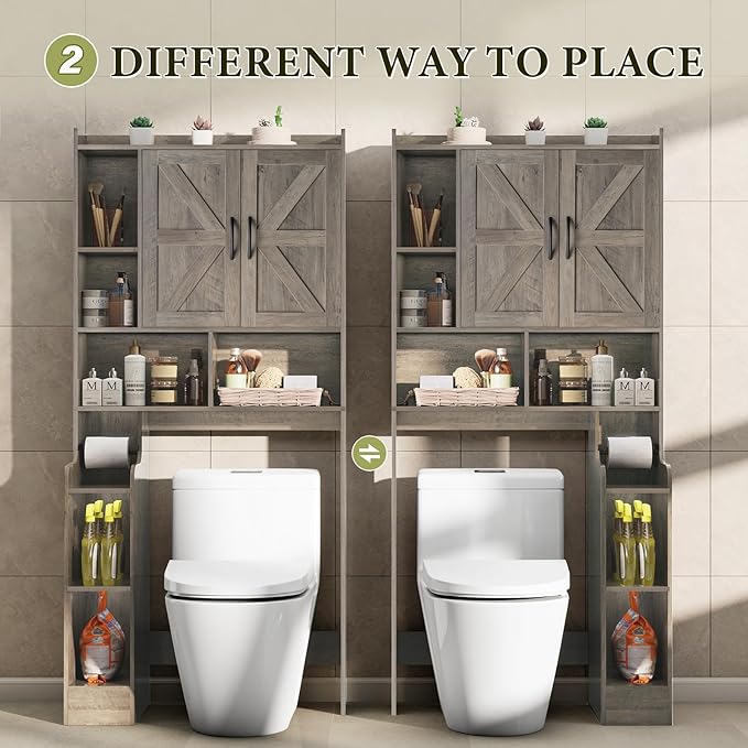 Over The Toilet Storage Cabinet with Barn Doors, Rustic Bathroom Organizer, Space-Saving Shelf for Laundry, Grey