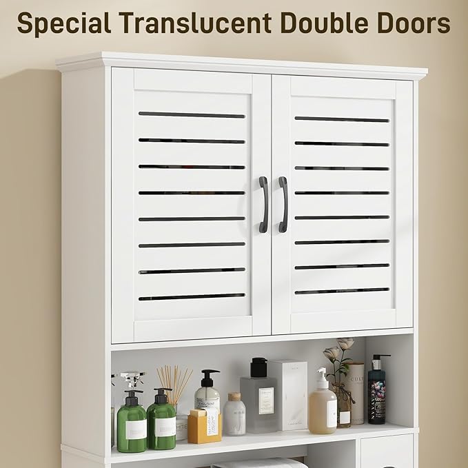 Over The Toilet Storage Cabinet, Wood Over Toilet Bathroom Organizer Cabinet with 2 Doors, Freestanding Home Space Save Toilet Rack for Restroom, Bathroom, Laundry, White